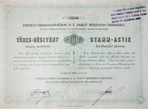Zsebely-Cskovr-Bokai Helyi rdek Vast Rszvnytrsasg trzsrszvny 200 korona 1895