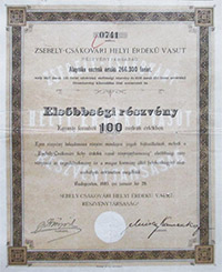 Zsebely-Cskovri Helyi rdek Vast Rszvnytrsasg elsbbsgi rszvny 100 forint 1893