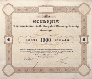 Ecclesia Egyhzmvszeti s ruforgalmi Rszvnytrsasg 1000 korona 1924
