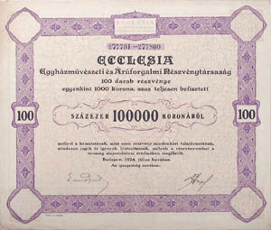 Ecclesia Egyhzmvszeti s ruforgalmi Rszvnytrsasg 10000 korona 1924