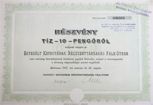 Egyeslt Kefegyrak Rszvnytrsasg Falk-Stern rszvny 10 peng 1927 Debrecen
