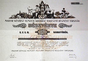 Magyar Gniusz Nemzeti Kulturt Terjeszt Rszvnytrsasg rszvny  1000 korona 1921