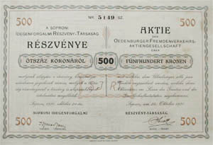 Soproni Idegenforgalmi Rszvnytrsasg rszvny 500 korona 1920