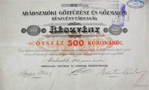 Abdszalki Gzfrsz s Gzmalom Rszvnytrsasg rszvny 500 korona 1911