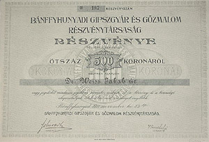 Bnffyhunyadi Gipszgyr s Gzmalom Rszvnytrsasg 500 korona 1911