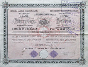 Concordia Gzmalom Rszvnytrsasg rszvny 2000 korona 1922