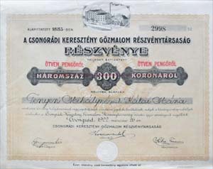 Csongrdi Keresztny Gzmalom Rszvnytrsasg rszvny 300 korona 1922