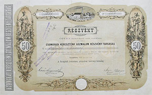 Csongrdi Keresztny Gzmalom Rszvnytrsasg rszvny 50 forint 1885