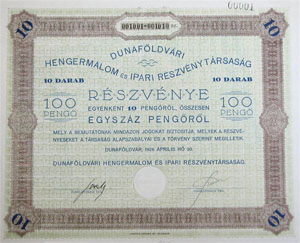 Dunafldvri Hengermalom s Ipari Rszvnytrsasg rszvny 10x100 1000 peng 1926 Dunafldvr