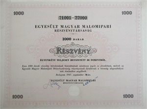 Egyeslt Magyar Malomipari Rszvnytrsasg rszvny 30000 forint 1947