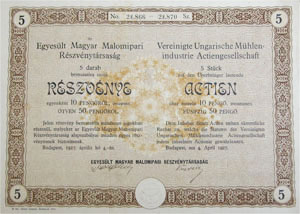 Egyeslt Magyar Malomipari Rszvnytrsasg rszvny 5x10 50 peng 1927