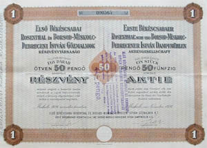 Els Bkscsabai Rosenthal s Borsod-Miskolc-Debreceni Istvn Rszvnytrsasg rszvny 50 peng 1936
