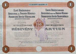 Els Bkscsabai Rosenthal s Borsod-Miskolc-Debreceni Istvn Rszvnytrsasg rszvny 5x50 250 peng 1936