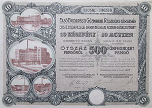 Els Budapesti Gzmalmi Rszvnytrsasg rszvny 10x50 500 peng 1927