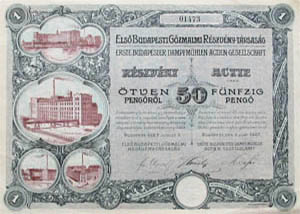 Els Budapesti Gzmalmi Rszvnytrsasg rszvny 50 peng 1927