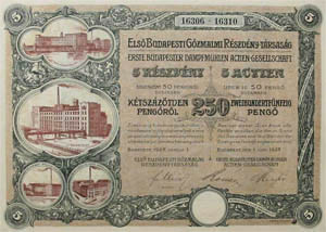 Els Budapesti Gzmalmi Rszvnytrsasg rszvny 5x50 peng 1927