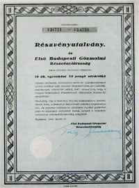 Els Budapesti Gzmalmi Rszvnytrsasg rszvnyutalvny 10x50 500 peng 1946
