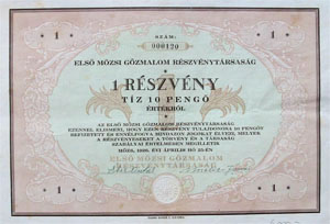 Els Mzsi Gzmalom Rszvnytrsasg rszvny 10 peng 1926