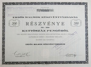 Erds Malmok Rszvnytrsasg rszvny 200 peng 1932