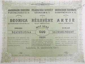 Felsbcskai Egyeslt Mmalmi Rszvnytrsasg rszvny 600 dinar 1927 Szabadka