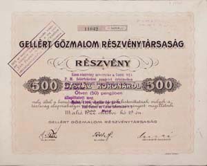 Gellrt Gzmalom Rszvnytrsasg rszvny 500 korona 1922 Mak