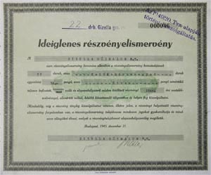 Gizella Gzmalom Rszvnytrsasg ideiglenes rszvnyelismervny 50 peng 1945
