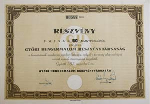 Gyri Hengermalom Rszvnytrsasg rszvny 60 aranypeng 1943 Gyr