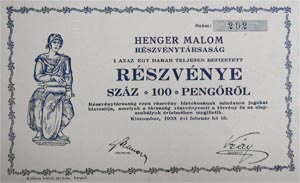 Henger Malom Rszvnytrsasg rszvny 100 peng 1933 Kiszombor