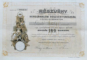 Hengermalom Rszvnytrsasg rszvny 100 korona 1911 Fzesgyarmat