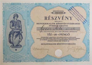 Hengermalom Rszvnytrsasg rszvny 10 peng 1927 Fzesgyarmat