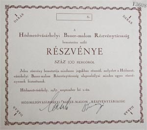 Hdmezvsrhelyi Bauer-Malom Rszvnytrsasg rszvny 100 peng 1937 Hdmezvsrhely