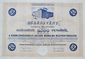 Hdmezvsrhelyi Gazdk Mmalma Rszvnytrsasg rszvny 25x100 2500 peng 1941