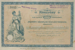 Jszapti Gzmalom Rszvnytrsasg rszvny 200 korona 1923