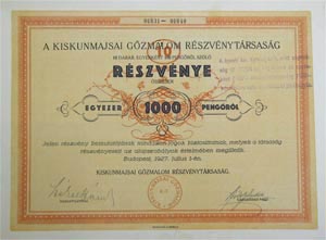 Kiskunmajsai Gzmalom Rszvnytrsasg rszvny 10x100 1000 peng 1927