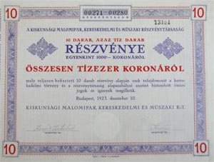 Kiskunsgi Malomipar, Kereskedelmi s Mszaki Rszvnytrsasg rszvny 10x1000 10000 korona 1923