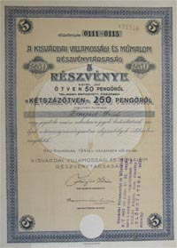 Kisvrdai Villamossgi s Mmalom Rszvnytrsasg rszvny 5x50 250 peng 1941 Kisvrda