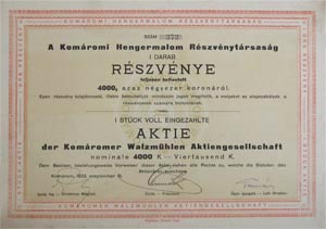 Komromi Hengermalom Rszvnytrsasg rszvny 4000 korona 1923 Komrom