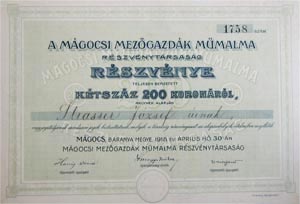 Mgocsi Mezgazdk Mmalma Rszvnytrsasg rszvny 200 korona 1914 Mgocs