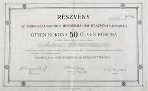 Oroshza-Monori Hengermalom Rszvnytrsasg rszvny 50 korona 1912