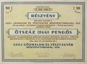 Szili Gzmalom s Tsztagyr Rszvnytrsasg Szil rszvny 500 peng 1929