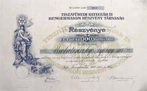 Tiszafredi Kefegyr s Hengermalom Rszvnytrsasg rszvny 100 korona 1907