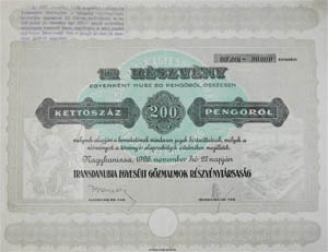 Transdanubia Egyeslt Gzmalmok Rszvnytrsasg rszvny 200 peng 1926 Nagykanizsa
