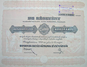 Transdanubia Egyeslt Gzmalmok Rszvnytrsasg rszvny 25000 korona 1923 Nagykanizsa