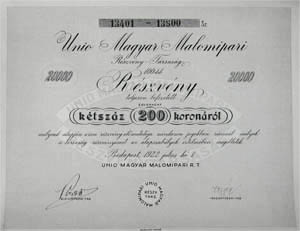 Uni Magyar Malomipari Rszvnytrsasg rszvny 100x200 20000 korona 1922