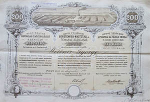 Els Magyar Sertshizlal s Klcsn Ellegez Trsulat  rszvny  200 forint 1869