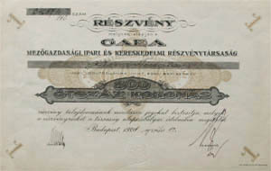 Gaea Mezgazdasgi, Ipari s Kereskedelmi Rszvnytrsasg rszvny 500 korona 1921
