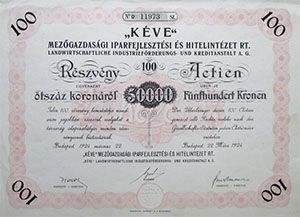 KVE Mezgazdasgi Iparfejlesztsi- s Hitelintzet Rszvnytrsasg rszvny 100x500 50000 korona 1924