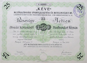 KVE Mezgazdasgi Iparfejlesztsi- s Hitelintzet Rszvnytrsasg rszvny 25x500 12500 korona 1923