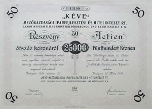 KVE Mezgazdasgi Iparfejlesztsi- s Hitelintzet Rszvnytrsasg rszvny 50x500 25000 korona 1924