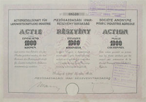 Mezgazdasgi Ipar Rszvnytrsasg 1000 korona 1922